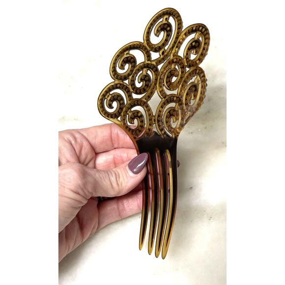 Antique Ornate Celluloid Hair Comb Green Rhinestones Art Nouveau - Picture 10 of 16